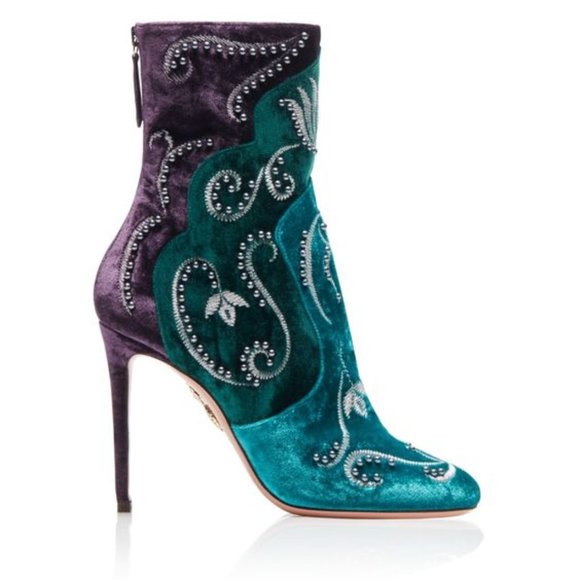 NIB Aquazzura matahari teal purple tricolor studded velvet booties ankle boots - Picture 3 of 6